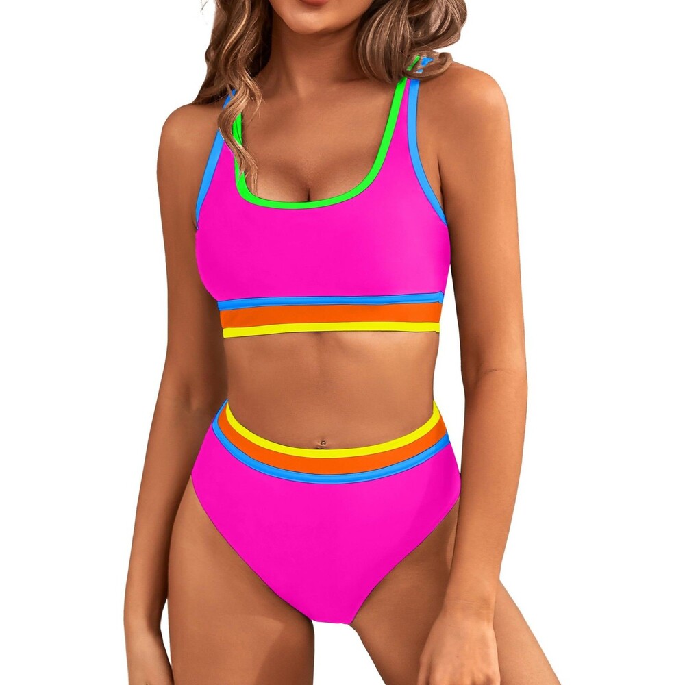 BMJL Women's High Waisted Bikini Set Sporty 2 Piece Color Block Swimsuit Pink S